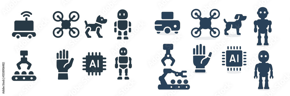 Poster icons representing technology and robotics in various applications and settings suitable for digital
