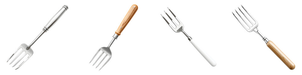 Set of Elegant Forks: Silverware with Wood and Metal Handles on White