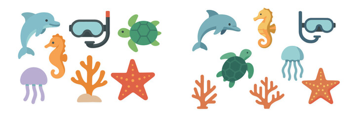 Colorful underwater creatures and snorkeling gear arranged for an educational display on marine life in a classroom setting