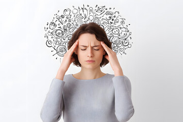 Frustrated woman touching her temples, eyes closed, with chaotic doodles above her head. Conceptual image symbolizing stress, anxiety, and overwhelming thoughts.