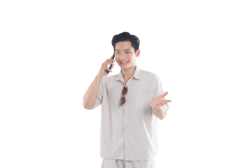 portrait of asian man wearing summer shirt posing on white background