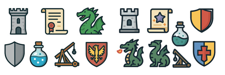 Fantasy elements featuring dragons, towers, and magical artifacts in a colorful illustration