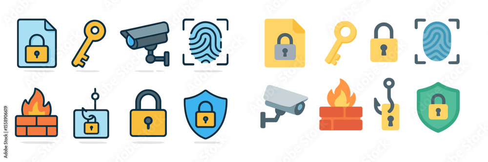Poster various icons representing concepts related to security, surveillance, and data protection in a digi