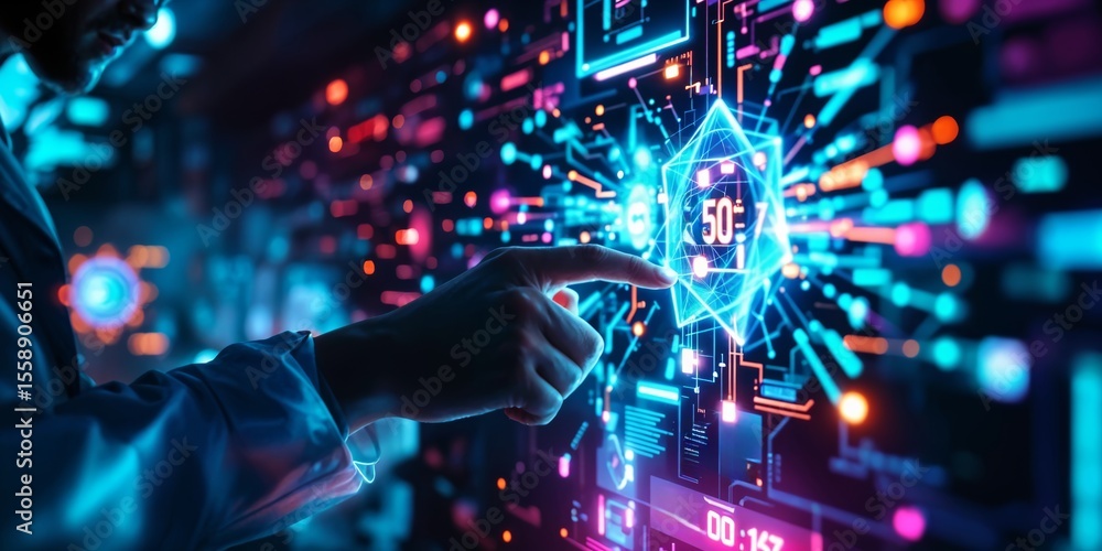 Poster scientist interacts with a vibrant quantum internet interface, touching a holographic data hub surro