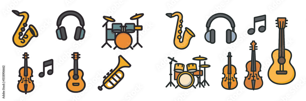 Poster collection of musical instruments and symbols displayed in a colorful arrangement on a plain backgro