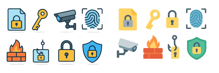 Various icons representing concepts related to security, surveillance, and data protection in a digital format