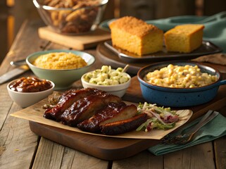 Rustic Southern Barbecue Feast Ribs, Cornbread, and Sides