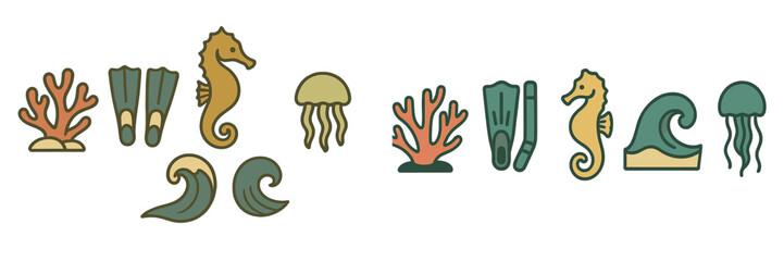 Colorful marine life illustrations featuring seahorses, jellyfish, waves, and coral in a playful design