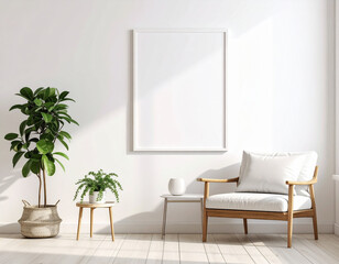 Contemporary Poster Mockup with Wooden Frame on White Wall
