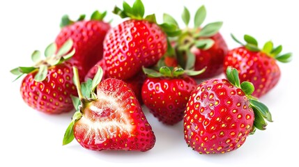 Ruby Jewels: Luscious Close-up of Strawberries on Pristine White Background – Glossy Red Skin Textures, Golden Seed Details, Juicy Flesh Cross-Sections, and Dewy Surface Drops in High-Definition Photo