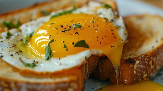 Fried egg with runny yolk toasted multigrain bread garnished with herbs and black pepper creating warm appetizing breakfast scene fried egg runny