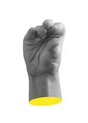 Three fingers gesture. Female adult hand in strong grip, thumb and middle finger curled, unseen part