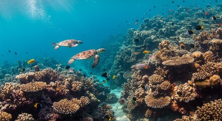 Obraz premium Oceanic Wonders Sea Turtles Gracefully Navigating a Vibrant Coral Reef Ecosystem