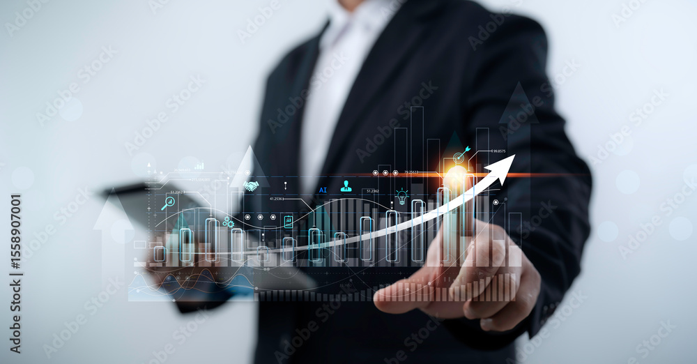 Aufkleber businessman using modern technology to analyze financial growth, progress, performance and success w