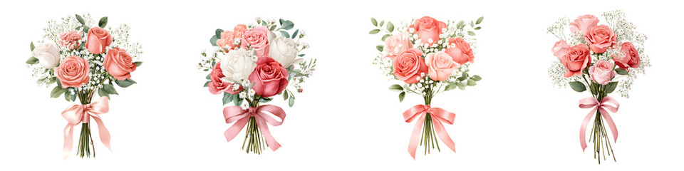 Four Romantic Rose Bouquets with Baby's Breath and Ribbon on White