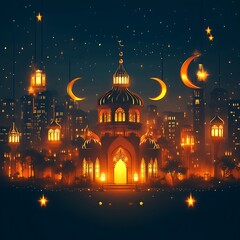 Obraz premium Night city mosque, illuminated by lanterns and crescent moons