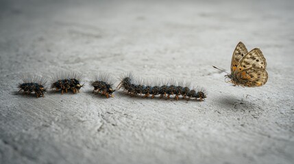 A caterpillar group left behind by a flying moth, symbolizing breaking free and personal success in a unique direction. 
