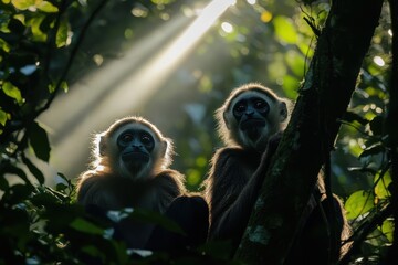 Obraz premium Gibbons calling out from the treetops, sunlight highlighting their fur