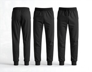 Black athletic pants, three views