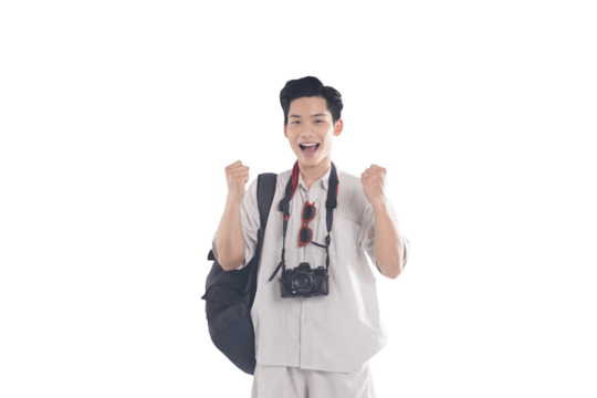 Joyful Traveler on the Horizon: A young, jubilant traveler, camera in tow, expresses sheer elation, his spirit set for adventure. capturing the essence of wanderlust. - Powered by Adobe