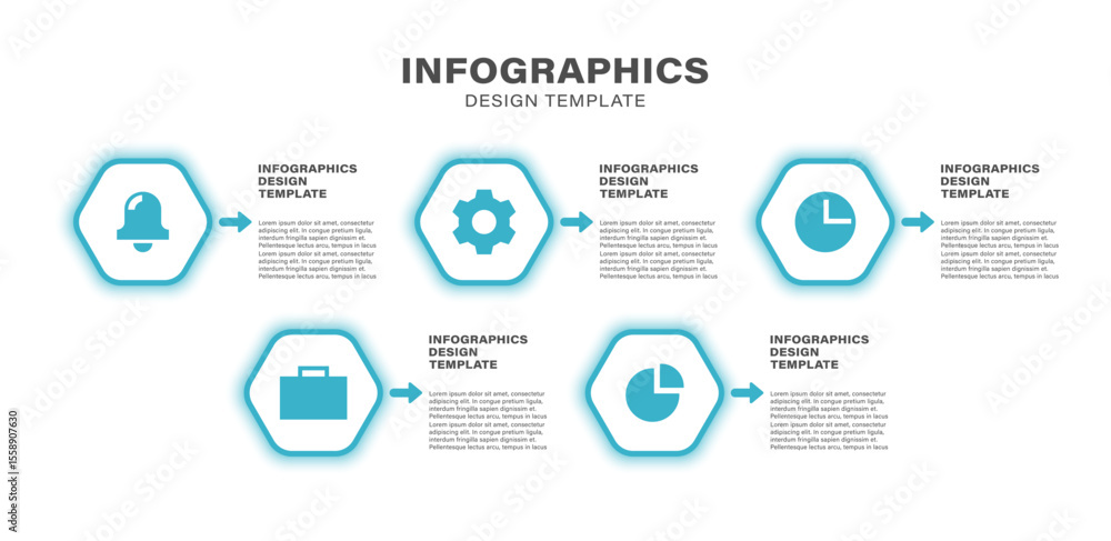 Poster infographic template with icons. five steps or options horizontal infographic layout with hexagons