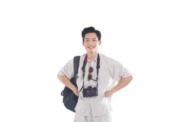 Adventurous Explorer: A cheerful traveler, camera at the ready, poised for discovery with backpack and stylish camera, a symbol of wanderlust and capturing unforgettable experiences. 