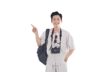 Adventurous Explorer: A young traveler, camera in tow and backpack at the ready, points towards a new horizon, embodying the spirit of adventure and exploration.