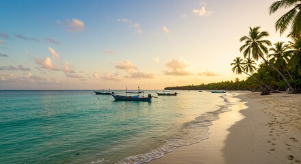 Obraz premium Serene Sunset on Tropical Beach with Fishing Boats