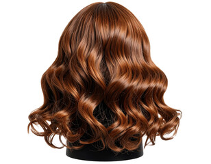 Fototapeta premium Long wavy auburn wig on a mannequin head, transparent background.