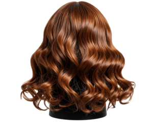 Long wavy auburn wig on a mannequin head, transparent background.
