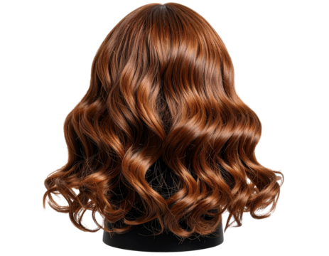 Long wavy auburn wig on a mannequin head, transparent background.