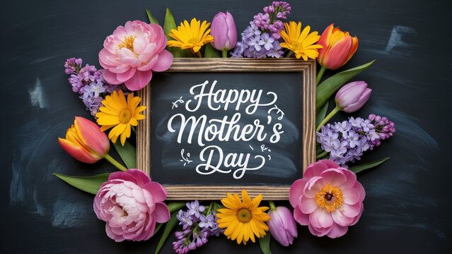 Happy Mother's Day greeting with flowers, tulips and chalkboard message