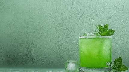 Refreshing Green Mint Cocktail with Ice Cubes