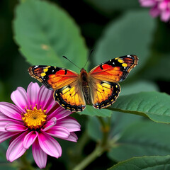 Naklejka premium Vibrant Butterfly's Botanical Beauty: A stunning butterfly with wings of fiery hues rests delicately on a vivid pink flower, a symphony of colors captured in nature's embrace. 