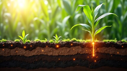 A captivating photo realistic image depicts a soil cross-section with a thriving corn plant, highlighting distinct soil life layers and glowing digital nutrients.