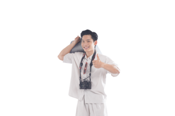 Traveler's Approval: A cheerful traveler, ready for adventure with camera in hand, offers a thumbs-up. Expressing enthusiasm and positivity about the journey, capture moment, smiling, travel concept.