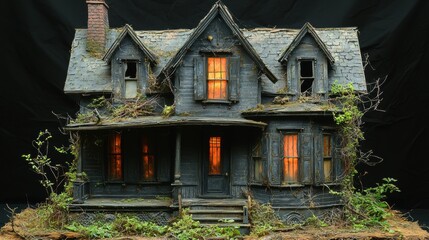Intricate Dimly Lit Miniature Haunted House Model with Dark Weathered Textures and Glowing Windows