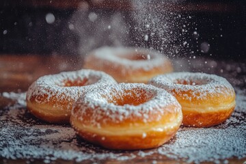 Freshly baked donuts dusted with powdered sugar, set on a rustic wooden table with a soft focus background