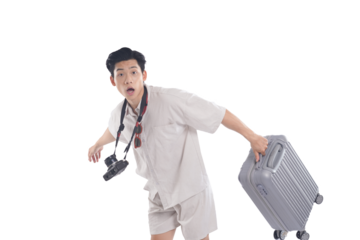 Unexpected Journey: A traveler stumbles forward, gripping luggage and camera, wearing an expression of surprise. conveying a blend of adventure and unanticipated hurdles.