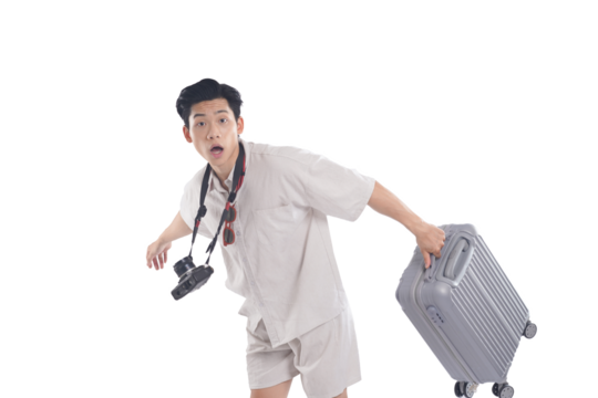 Unexpected Journey: A traveler stumbles forward, gripping luggage and camera, wearing an expression of surprise. conveying a blend of adventure and unanticipated hurdles.