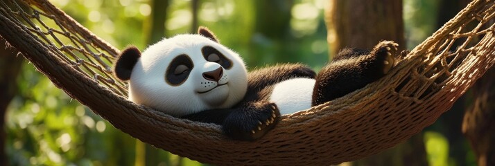 Panda napping in a hammock, enjoying a sunny afternoon