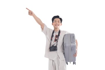 Traveler's Next Adventure: An excited traveler, camera around neck, holds a suitcase, points ahead. A symbol of wanderlust, ready to embrace the journey ahead.