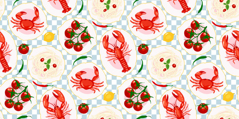 Seamless pattern lobsters, crabs, spaghetti, tomatoes, and peppers on a blue checkered background. Illustration food themed decorative design. Mediterranean summer vacation food creative wallpaper 