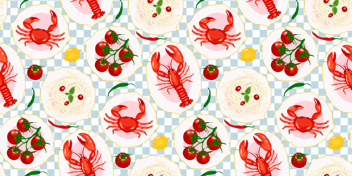 Seamless pattern lobsters, crabs, spaghetti, tomatoes, and peppers on a blue checkered background. Illustration food themed decorative design. Mediterranean summer vacation food creative wallpaper 