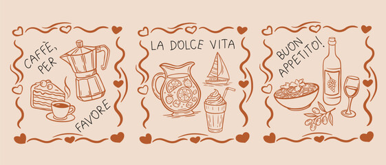 Italian summer holidays, doodle style illustrations in frames. Italian cuisine, food - coasts, olives, wine, lemons, limoncello, coffee. Seaside weekend print for invitations, postcards. La dolce Vita