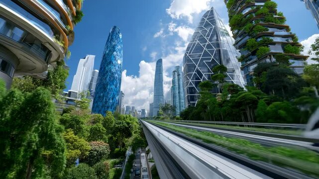 A futuristic city with vibrant green spaces, sustainable architecture, and modern transportation. The scene showcases a vision of the future where technology and nature coexist harmoniously - Powered by Adobe