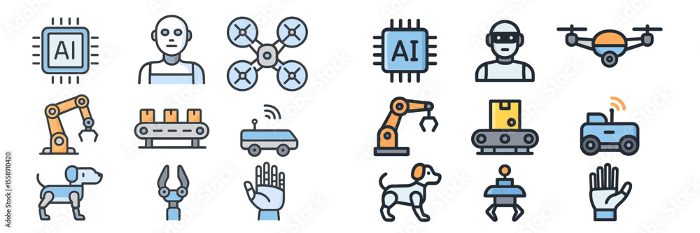 Poster innovative technology icons showcase ai, robotics, and automation in various applications