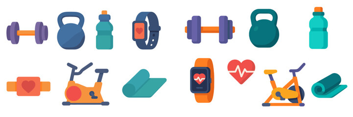 Fitness equipment and accessories arranged for a workout session in a gym setting during the daytime