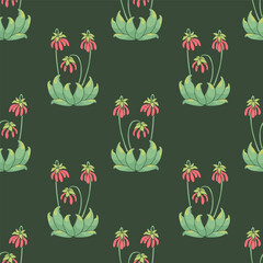 Seamless pattern with canary islands flowers parrot beaks in vintage millefleur style on green background. Hand drawn classic floral wallpaper vector illustration
