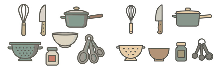 Kitchen utensils and cookware arranged on a clean surface with cooking tools including pots, bowls, and measuring cups